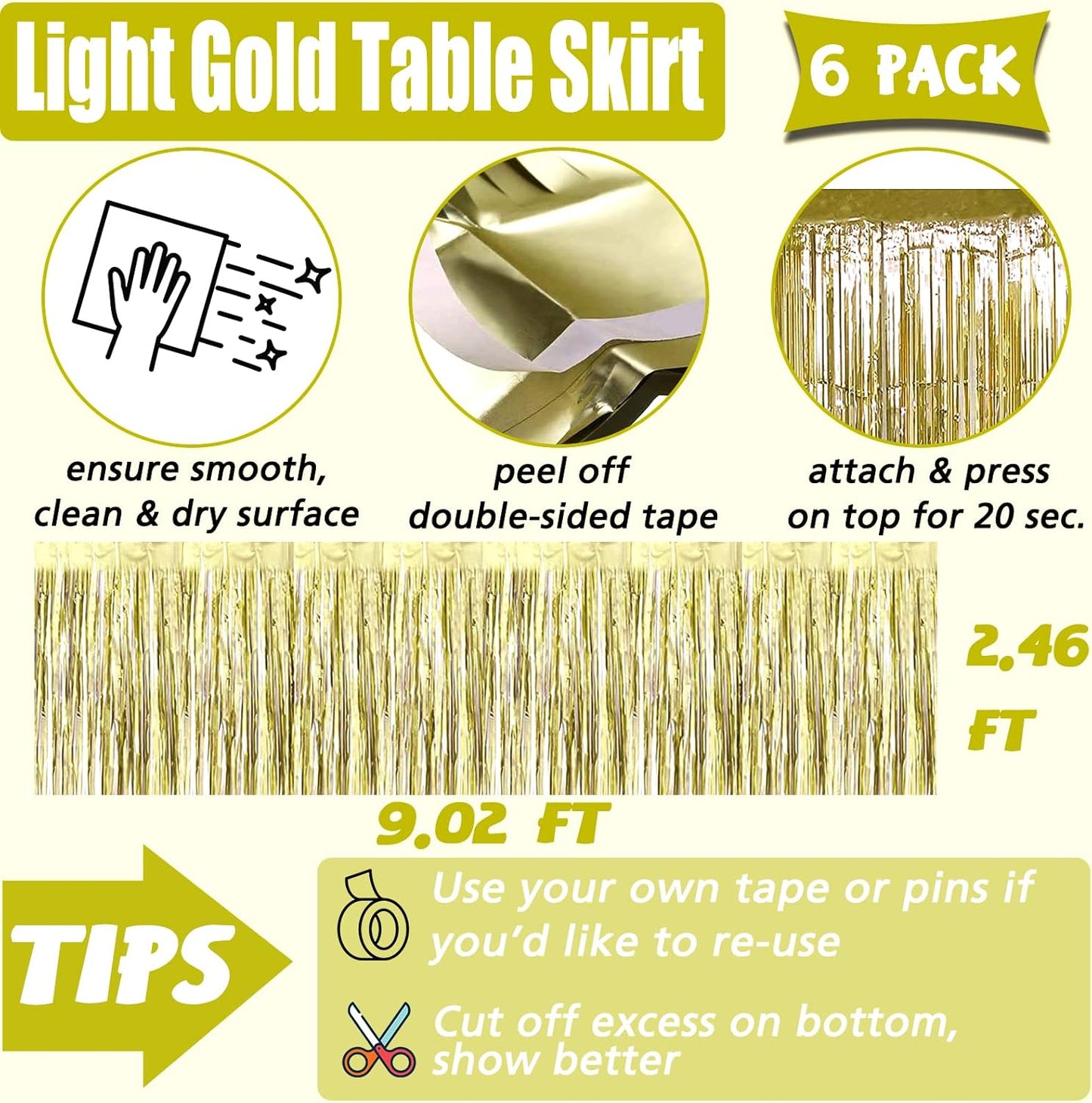 6 Pack 29x108 Inch Light Gold Metallic Foil Fringe Table Skirts Banner for Tinsel Streamer Garland Curtains Backdrop for Parade Floats Wedding Baby Shower Birthday Christmas Halloween Party Decoration