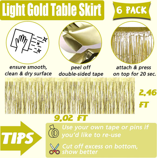 6 Pack 29x108 Inch Light Gold Metallic Foil Fringe Table Skirts Banner for Tinsel Streamer Garland Curtains Backdrop for Parade Floats Wedding Baby Shower Birthday Christmas Halloween Party Decoration