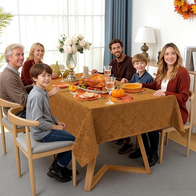 SASTYBALE Thanksgiving Tablecloth - 60 x 84 Inch Brown Jacquard Tablecloths Rectangle Damask Design Spillproof Table Cloth Polyester Oblong Table Cover for Kitchen Dinning Party Tabletop