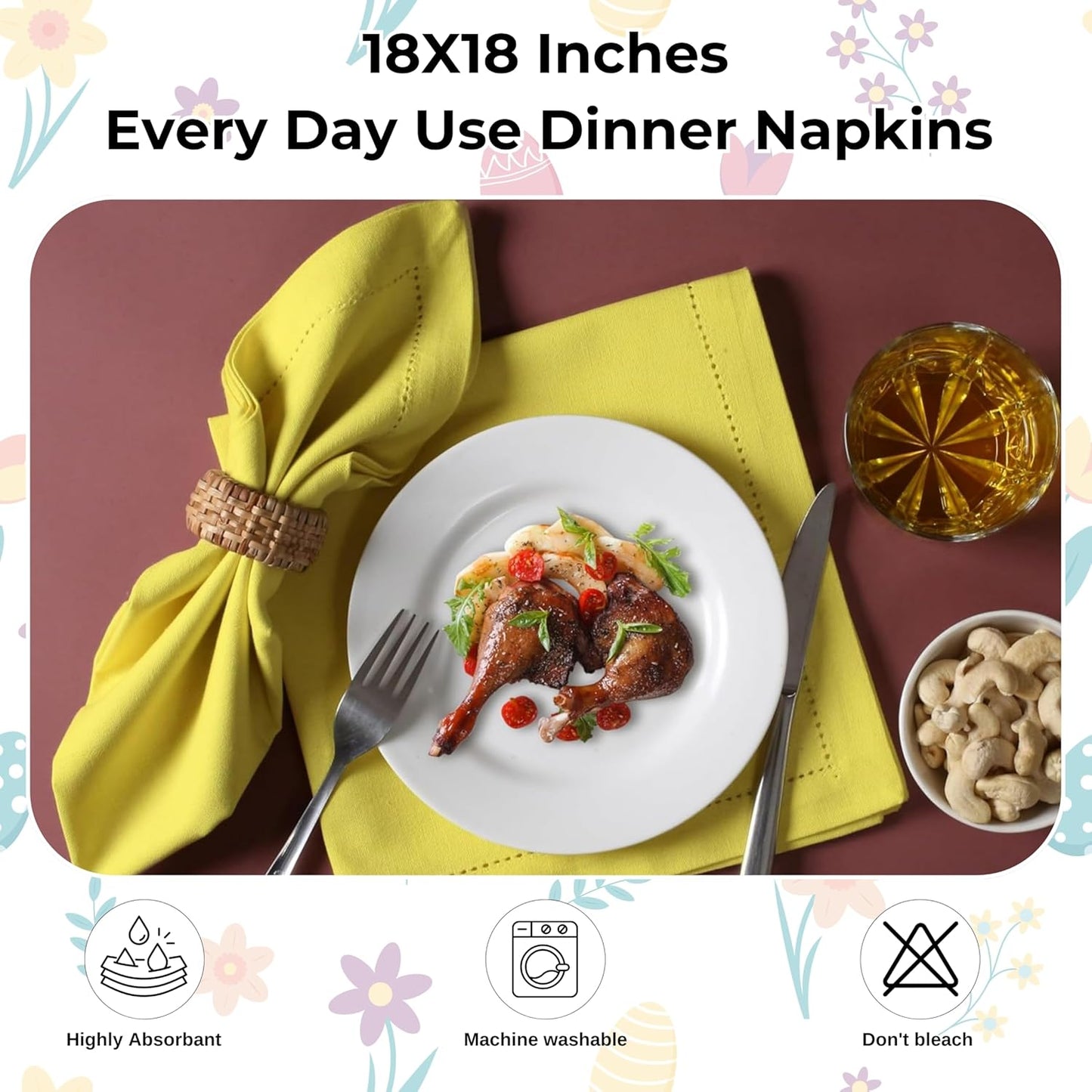 Homidate Hemstitched Cotton Cloth Dinner Napkins Set of 12 – 18x18 Golden Kiwi – Reusable Machine Washable Fabric Napkins for Weddings, Thanksgiving, Christmas & Events