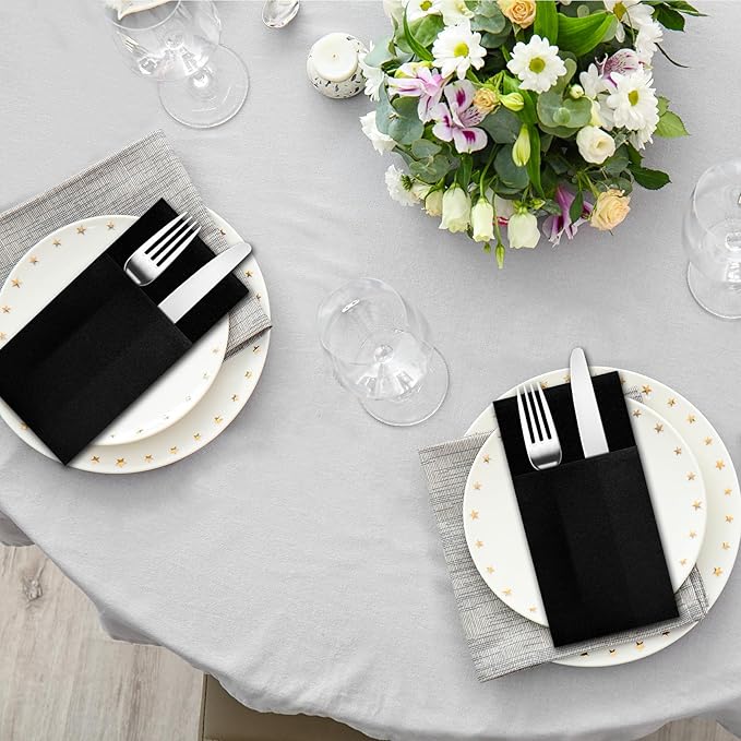 Black Napkins Hand Towels Disposable, Linen-Feel Dinner Napkins with Prefolded Built-in Flatware Pocket, Guest Paper Hand Towels For Wedding, Dinner Or Party (16x16in, 50Pack）