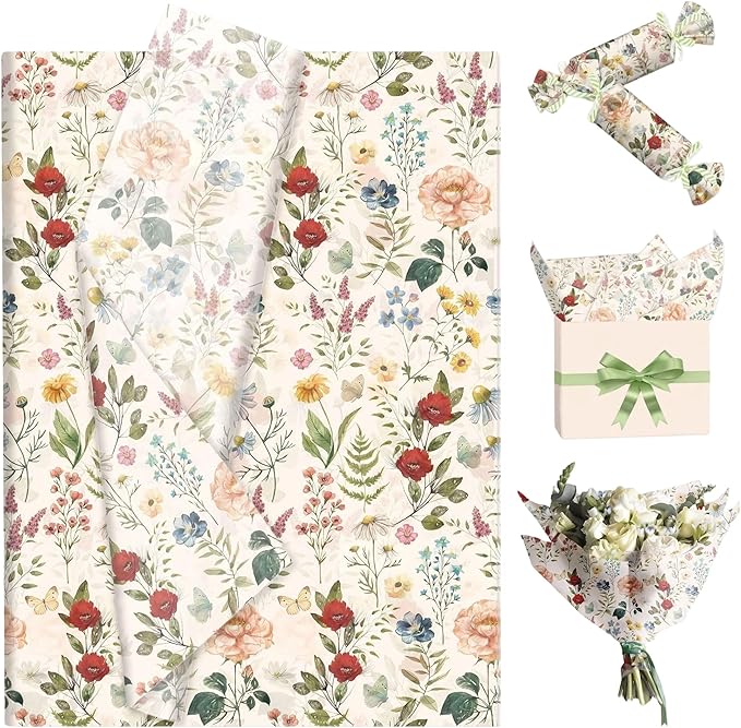 BACH AND BOUJEE 50 Sheets Vintage Wildflower Tissue Paper Floral Wrapping Paper Flower Printed DIY Craft Tissue Papers for Gift Bags Greenery Gift Wrap Packaging Bridal Shower Wedding Birthday
