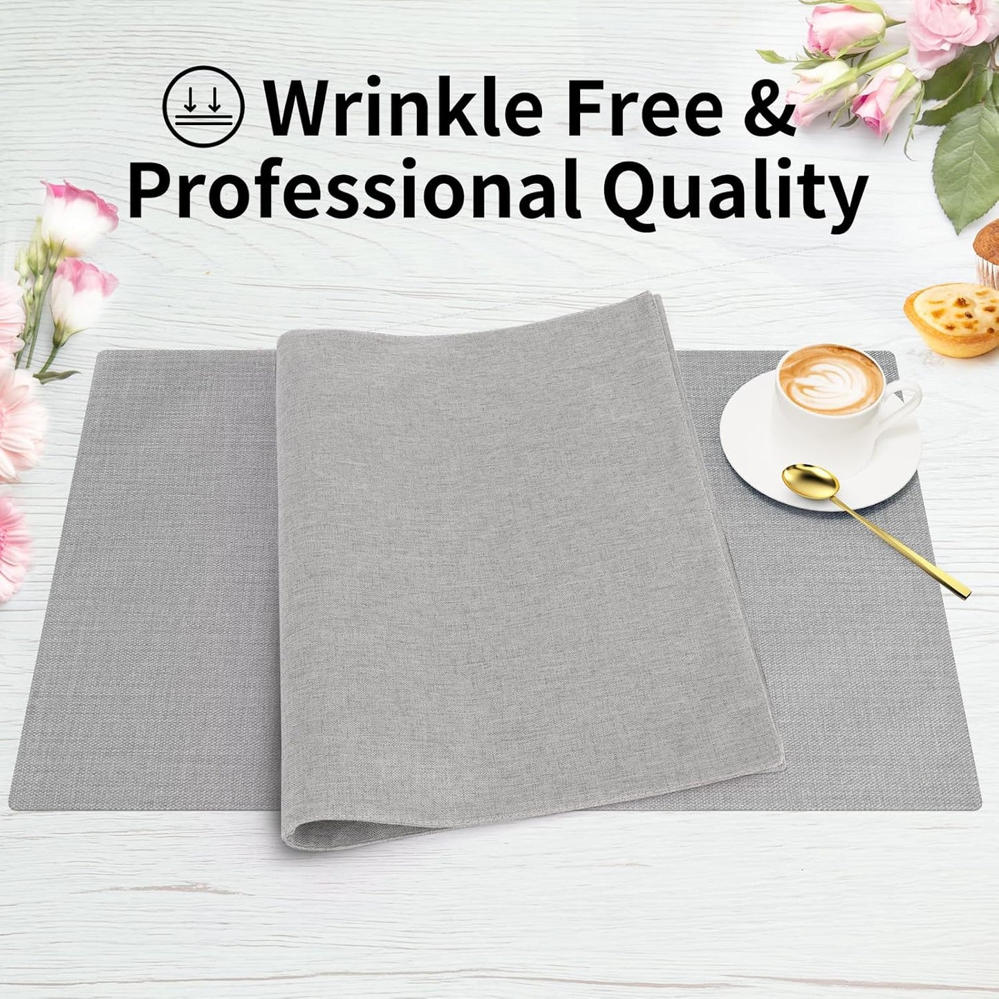 Cloth Placemats, Set of 6 Heat-Resistant Cotton Linen Blend Double Layered Machine Washable Place Mats, Wrinkle Free Thick Fabric Dining Table Mats for Indoors & Outdoors (Light Grey, 6)