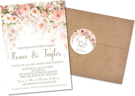 Peach & Blush Wildflower Wedding Invitations, Pastel Garden, Personalized, Set of 12 Invitations with Envelopes