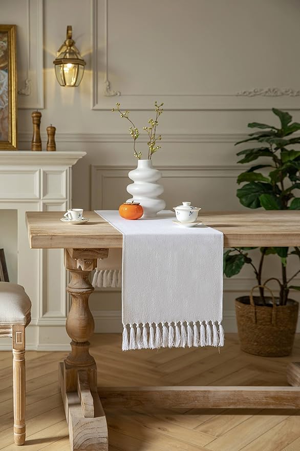 ZeeMart White Table Runners 108 Inches Long, Burlap Linen Style Rustic Farmhouse Table Runner, Long Boho Dining Table Runner, 13x108 Inches, White