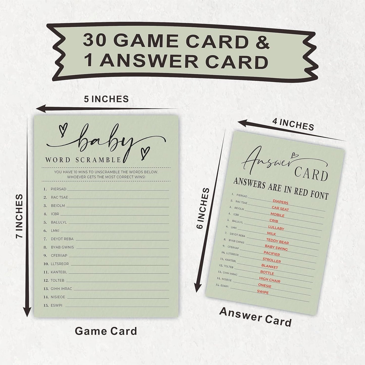 Baby Shower Word Scramble Game Cards - Minimalism Moss Green Party Game & Activity - 5"X7" Game Cards, Gender Reveal Game - Baby Shower Party Favors & Decorations (Pack Of 30 & 1 Answer Cards)-B08