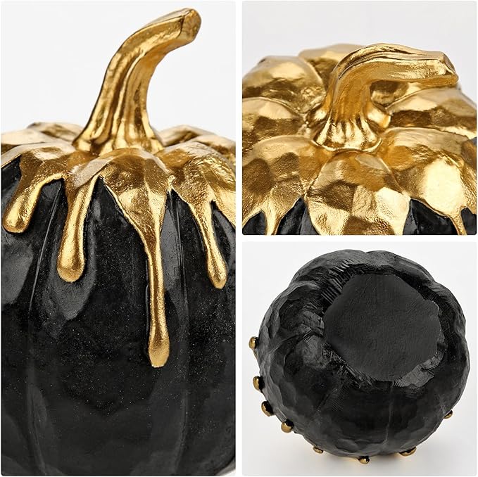 Hollyone Fall Pumpkin Decor 2 PCS Black and Gold Resin Pumpkin Fake Pumpkins for Decorating Figurines Artificial Pumpkins Centerpiece Rustic Farmhouse Halloween Table Fall Decorations for Home