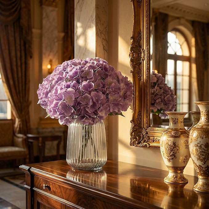 2Bouquets Artificial Fake Flowers Plants Silk Hydrangea Arrangements Wedding Bouquets Decorations Plastic Floral Home Kitchen Garden Party Festival Bar DIY (Lavender,5 Flower Heads)