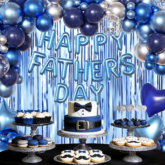 Happy Fathers Day Decorations, Metallic Blue Dark Blue Silver Foil Confetti Balloons Blue Fringe Curtains Banner for Father's Day Party Decorations