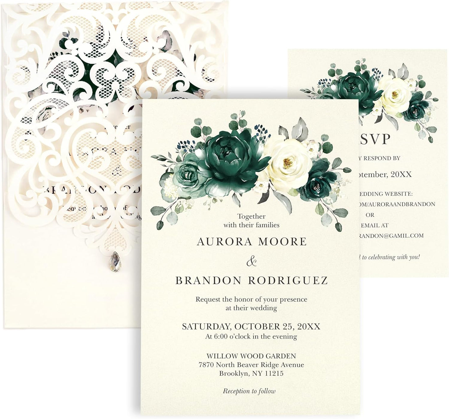 50pcs Laser Cut Wedding Invitations with Envelopes and RSVP Cards Green and Ivory White, 5x7.3 Personalized Invitation Cards for Wedding, Anniversary Invitations with Rhinestone