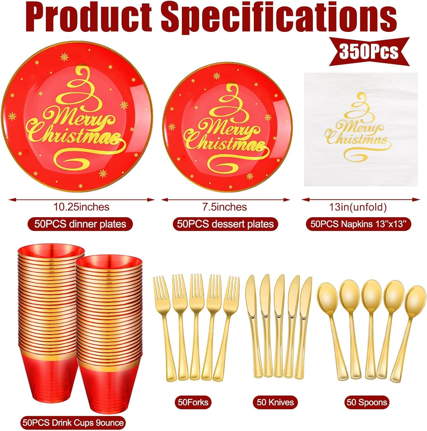 Sliner 350 Pcs Christmas Plastic Tableware Bulk, Red and Gold Tableware Set, Disposable Xmas Dinnerware with Dinner Plates, Dessert Plates, Forks, Knives, Spoons, Cups, Napkins for Holiday Party