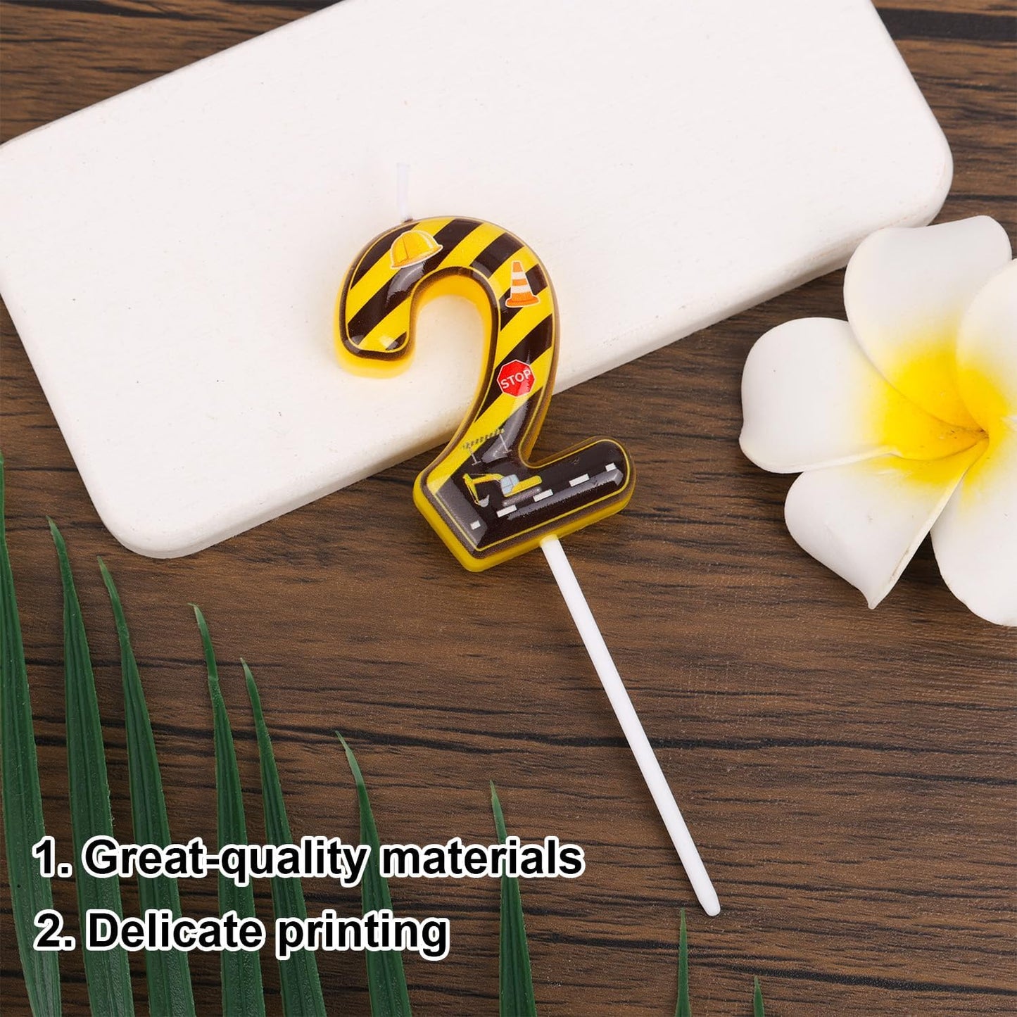 Construction Birthday Number Candles, Yellow & Black Striped Cake Topper Building Theme Party Decorations for Graduation Anniversary Celebration (Number 2)