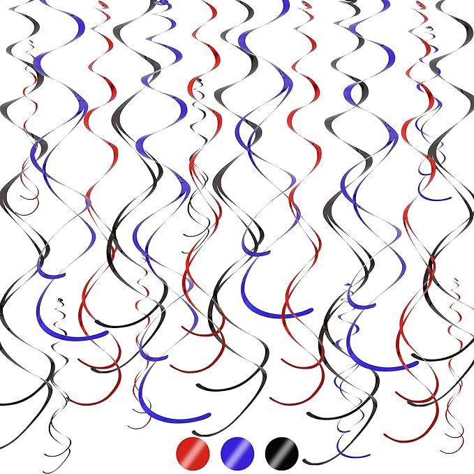 BEISHIDA Red Blue Black Hanging Swirls Party Decorations Plastic Streamer for Spider Theme Birthday Party, Graduation，Birthday Supplies，Pack of 24