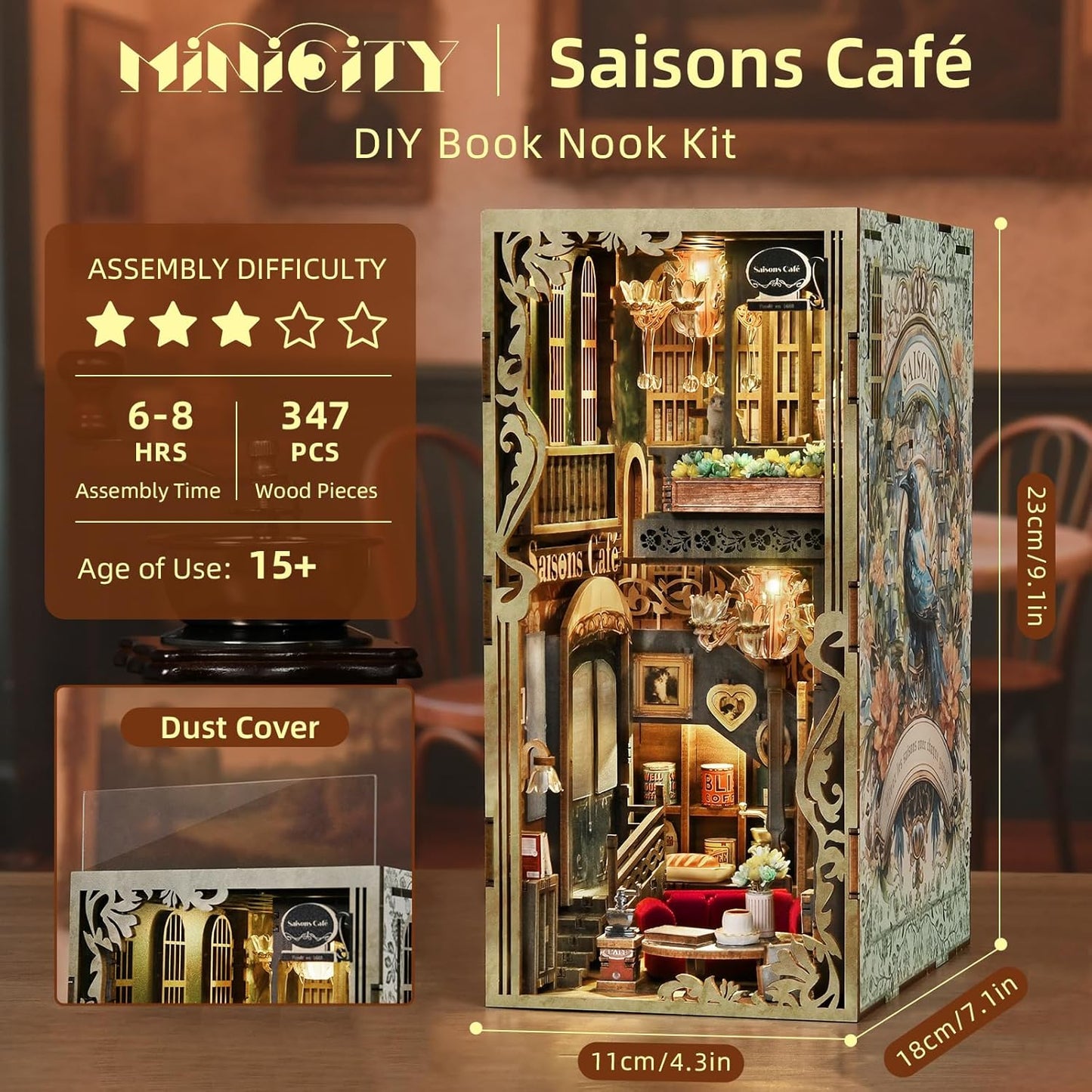 Book Nook Kit, DIY Miniature Dollhouse Kit 3D Puzzles for Adults Tiny House Mini Home Craft Bookshelf Nook Puzzle Book Decor Gifts for Teenagers Book Lovers (Saisons Café)