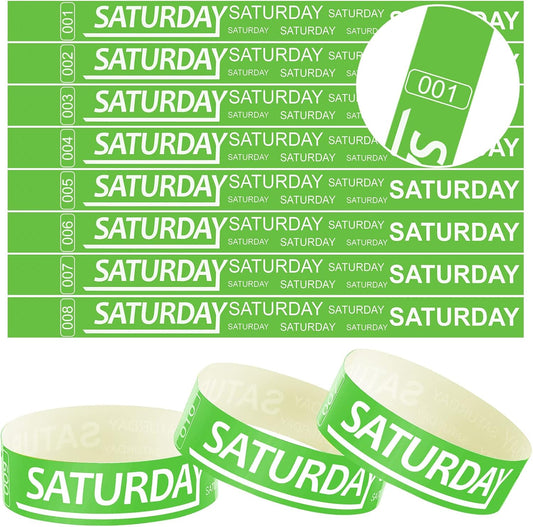 Henoyso 600 Pcs Saturday Paper Wristbands Event Admission Paper Bracelets Numbered Waterproof Party Armbands for Events Day of The Week(Green)