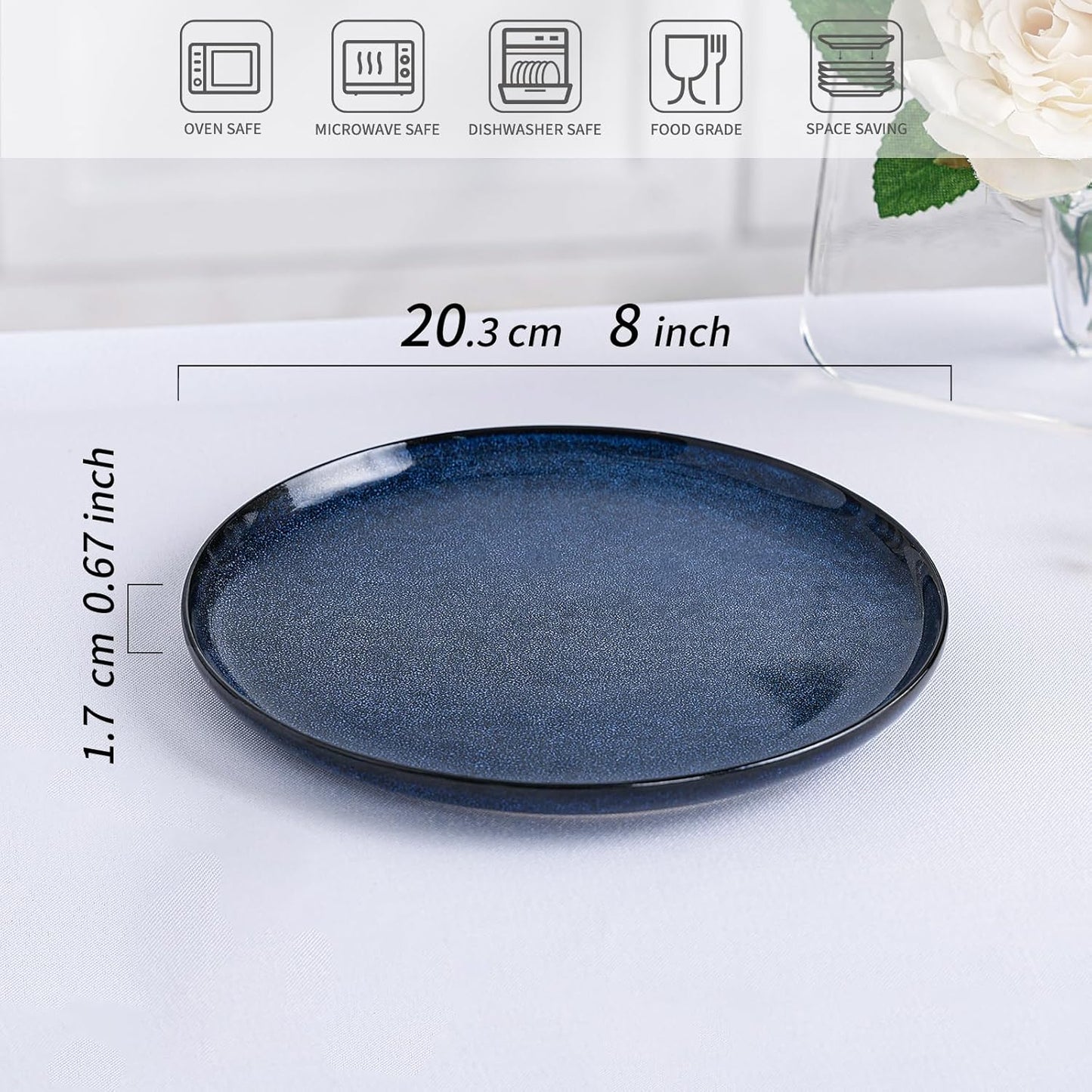 Ceramic Salad Dessert Plates Set: 8 inch Porcelain Reactive Glaze Plates Set, Mordern Stoneware Kitchen Dinnerware Dishes Set, Microwave & Dishwasher Safe, Scratch Resistant, Set of 4 (Blue)