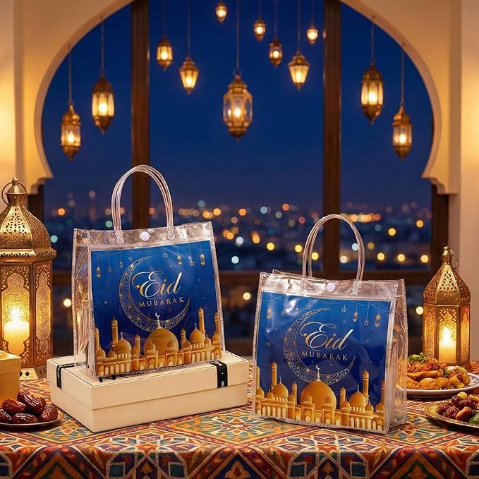 Aliceset 20 Pcs Eid Mubarak Gift Bags with Handles Clear Ramadan Goodie Bags for End of Ramadan Eid Mubarak Party Treats Candy Favors Supplies Decoration, 8x8x3.15 inches