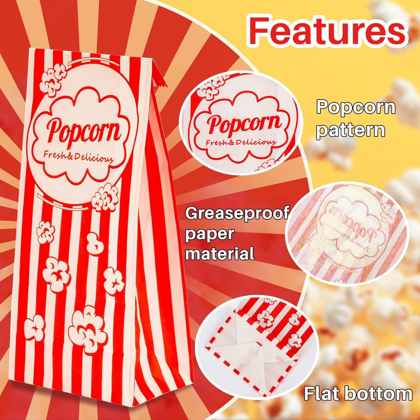 MAQIHAN 100 Popcorn Bags Flat Bottom - Paper Popcorn Food Bags Individual Servings Party Pop Corn Sleeves Bulk Carnival Halloween Snack Pack Gift Favor Treat bolsas para palomitas Movie Night Supplies