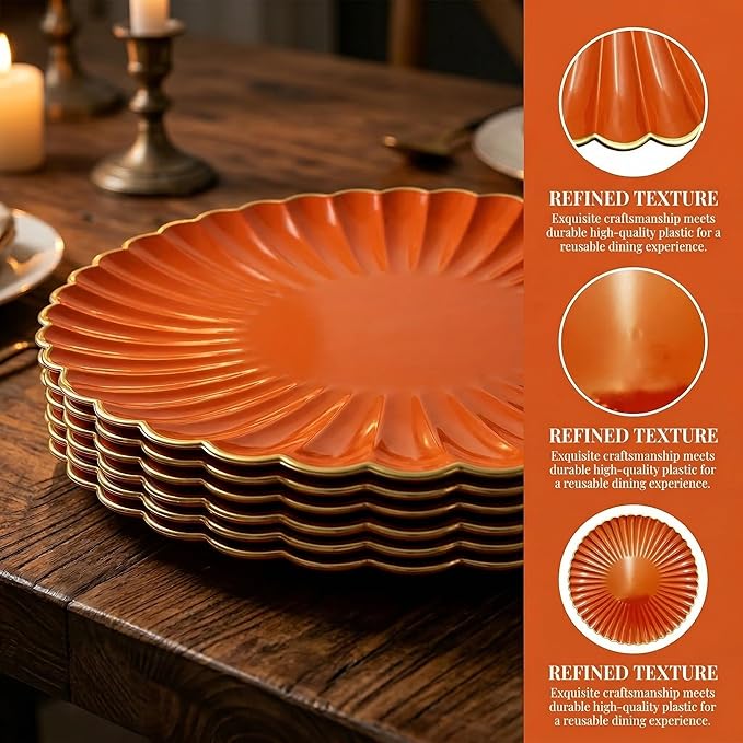 Orange Charger Plates, 13 Inch Plastic Round Dinner Charger Plates for Wedding Party, Tabletop Decor. (Set of 6)