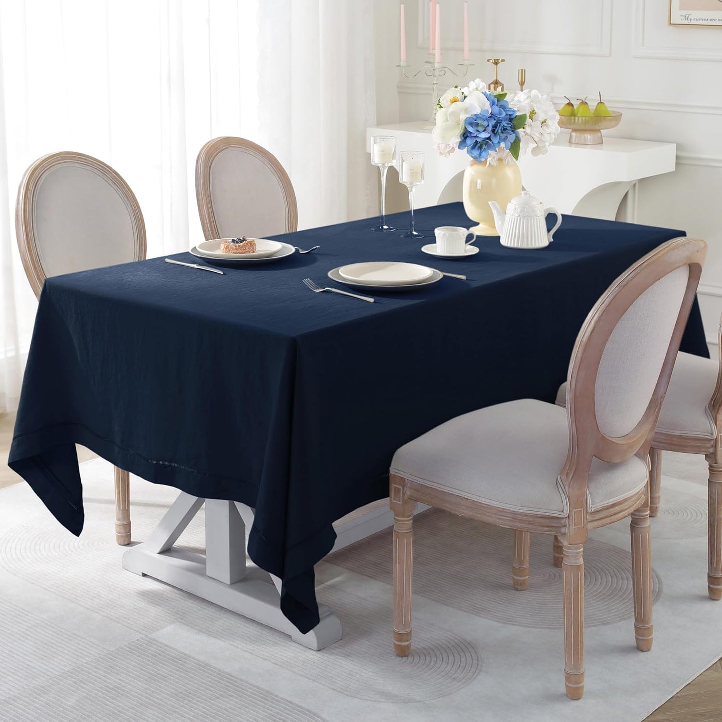Linen World Hemstitch Linen Tablecloth,French Linen Navy Tablecloth 108" x 60" Inch,Washable Rectangular Table Cloth for Dining,Outdoor,Weddings and Restaurants,Decorative Thanksgiving Christmas