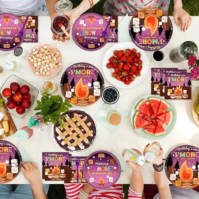 OBUSATT 96Pcs S'Mores Birthday Party Supplies - Smores Bonfire Birthday Paper Plates, Napkins, Marshmallows & Dinnerware for 24