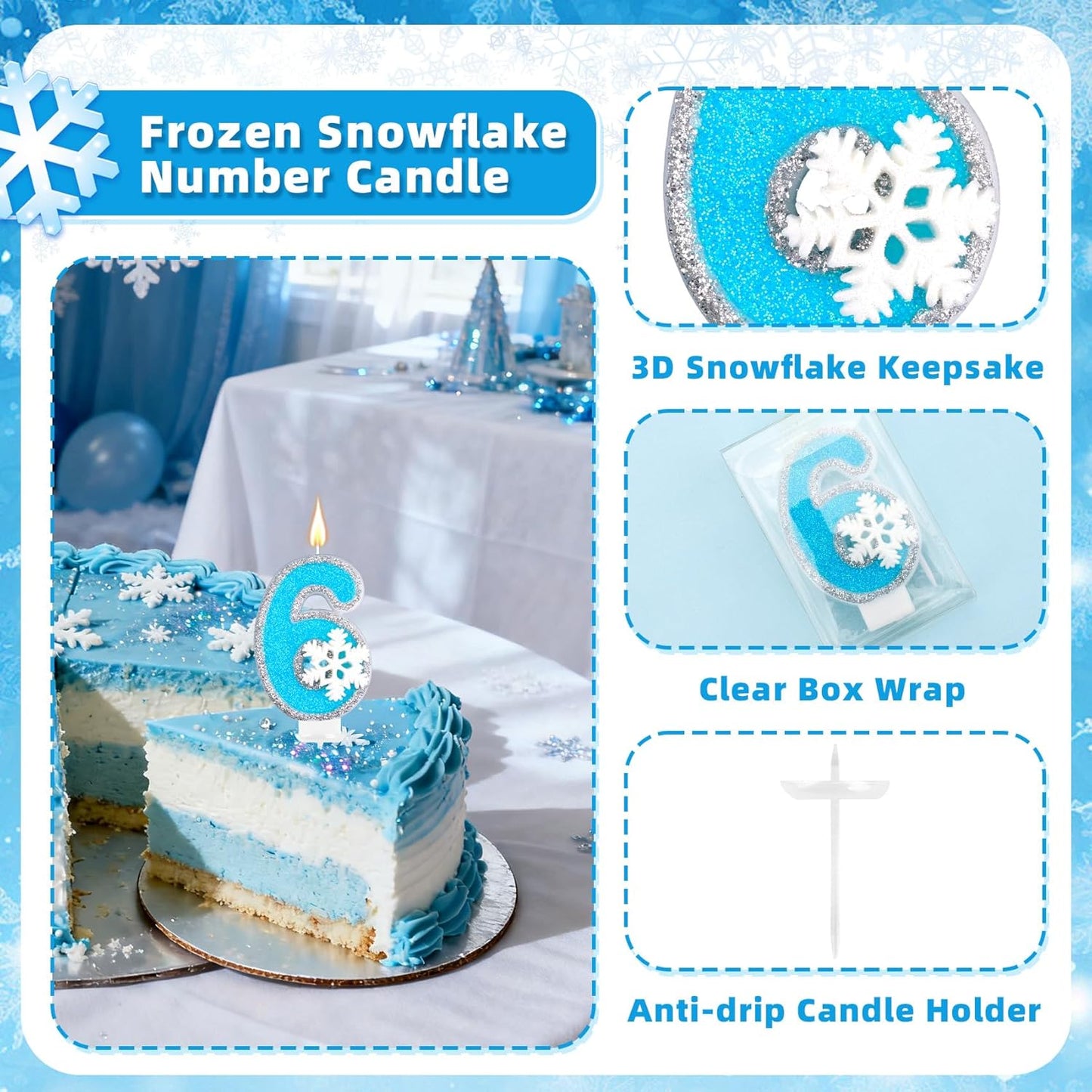 Frozen Themed Birthday Candles Party Decorations, Blue and Silver Number 6 Birthday Candle, Happy Birthday Candle for Cake, Snowflake Cake Topper Decoration for 6th 6 Year Old Party Favor Supplies