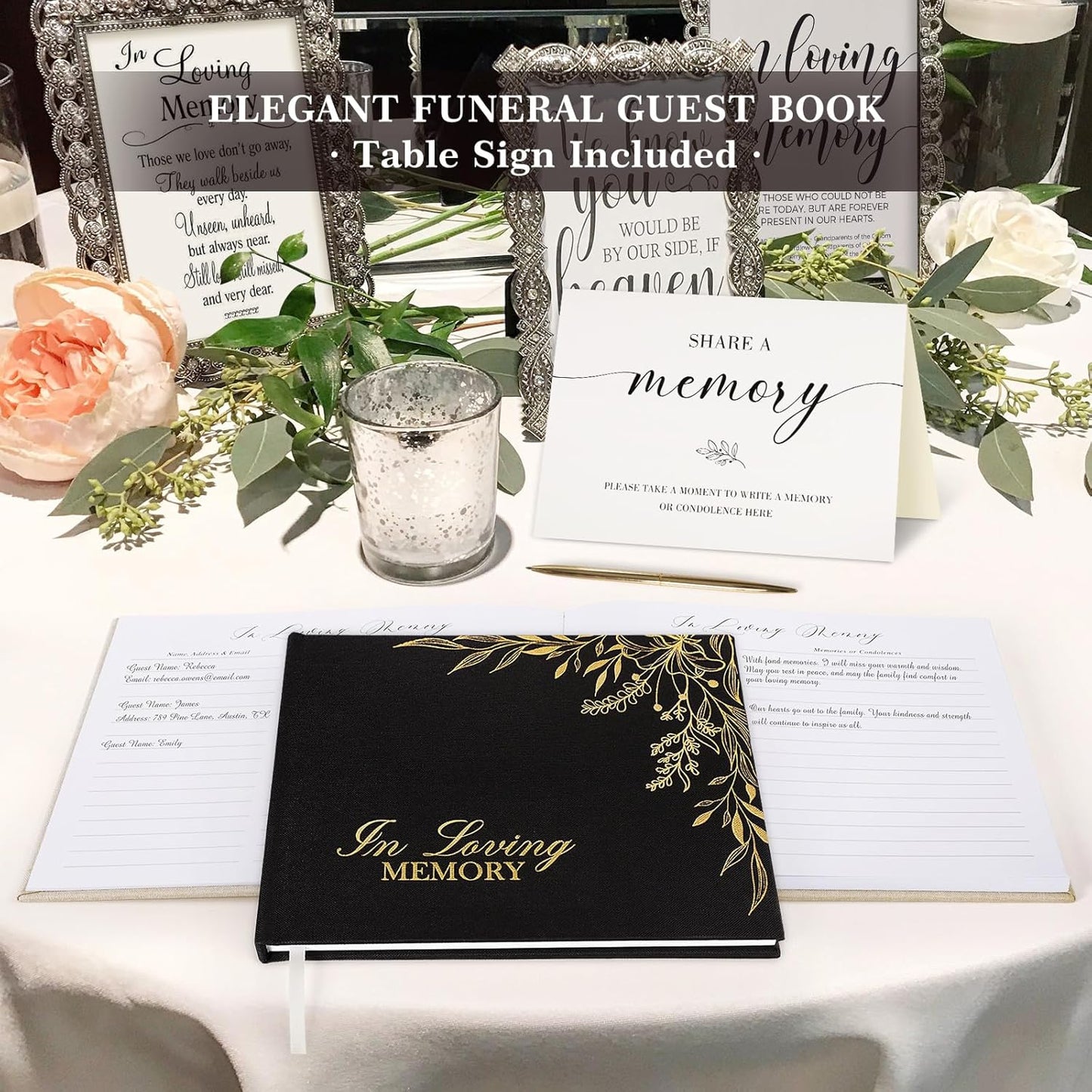 Lanpn Funeral Guest Book for Memorial Service, Linen in Loving Memory Registry Guest Book, Funeral Favors Sign in Books for Guests Celebration of Life Memory Book for Funeral with Table Sign, Blue