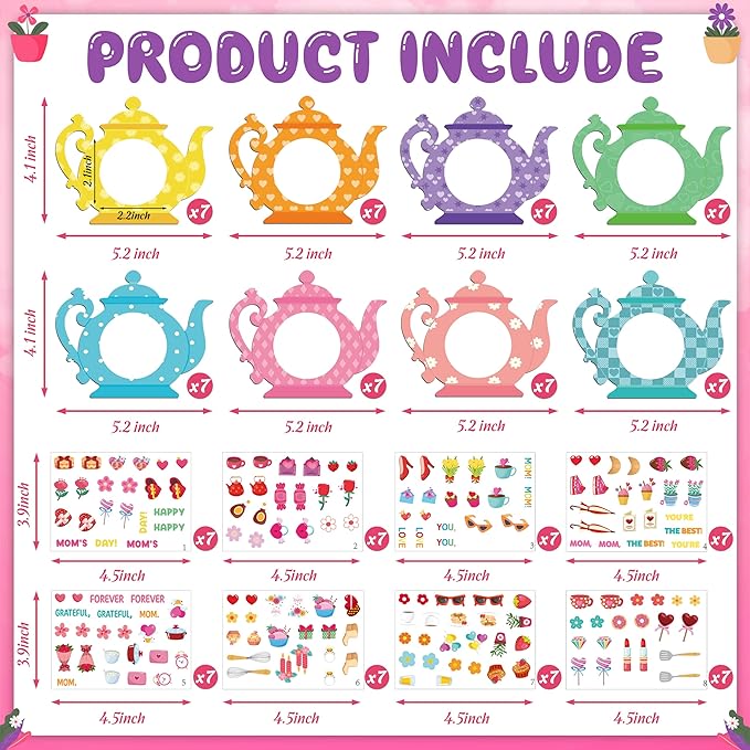 80UncleKimby 56 Packs Mothers Day Crafts for Kids Classroom - Bulk DIY Teapot Picture Frame Paper Kits for Gifts, Tea Party Favors
