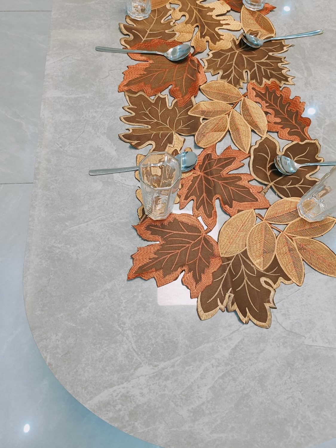 Fall Leaf Embroidered Table Runner 36 Inches for Thanksgiving and Autumn Harvest Decoration (16''x36'', Coffee Colored Maple Leaves)