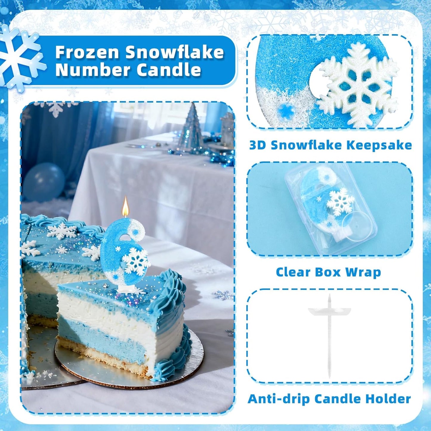 Frozen Birthday Party Decorations, Number 6 Birthday Candle, Frozen Birthday Party Favors, Happy Birthday Candle for Cake, Blue Snowflake Cake Topper Decoration for 6th 6 Year Old Party Favor Supplies