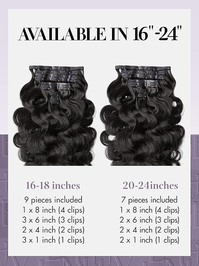 LUVME Hair Extensions Real Human Hair, Natural Black 135g 7pcs 20 Inch, Seamless Clip in Hair Extensions Human Hair Clip ins Body Wavy Hair
