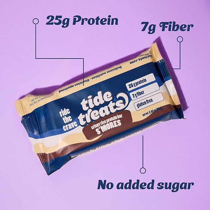 25g Protein Bar Crispy Rice Treat S'mores | Clean Ingredients, No Added Sugar, 7g Fiber, Gluten Free | High Protein Snack for On-the-Go, Post-Workout or Dessert Cravings | 8 Count | Tidetreats