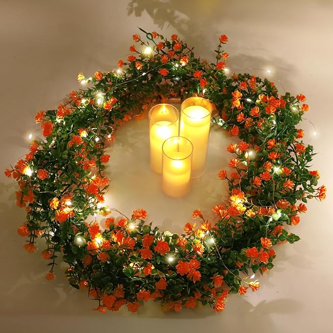 RECUTMS Faux Spring Eucalyptus Garland Artificial Hanging Vines Wedding Greenery Garland with Lights Faux Plants Indoor Flower Vine for Wall Fireplace Table Porch Door Decoration(Orange)