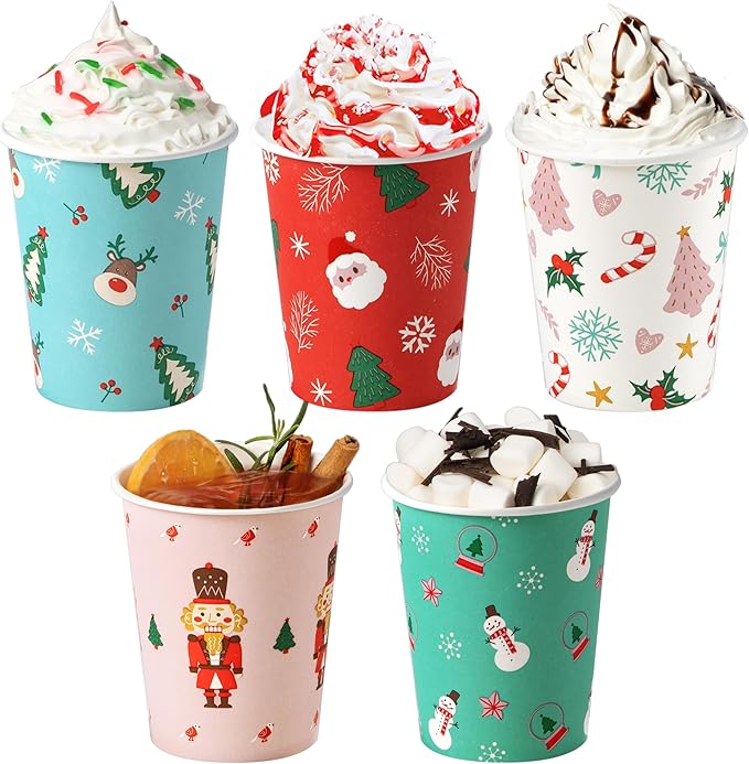 Fit Meal Prep 50 Pack 8 oz Christmas Coffee Cups, Durable Thickened Christmas Disposable Paper Cups for Hot Beverage Chocolate Tea Cocoa, Xmas Party Cups for Kids, Adult, Party, Holiday