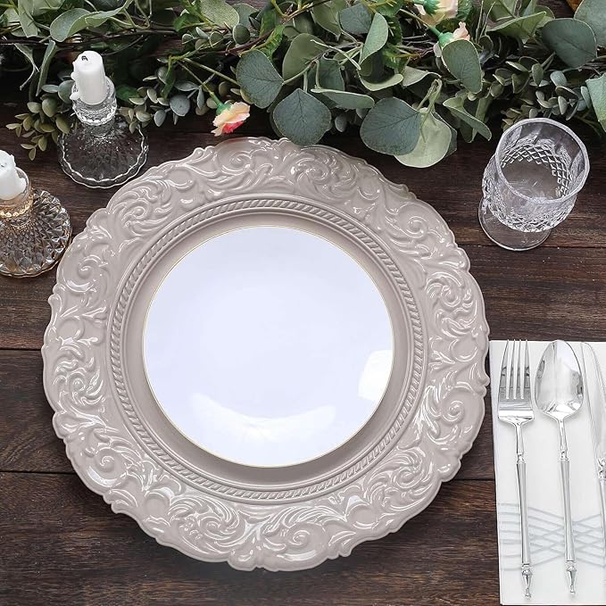 Efavormart Set of 6 | Taupe Green 14" Round Plastic Charger Plates With Engraved Baroque Design Rim For Wedding Party Events