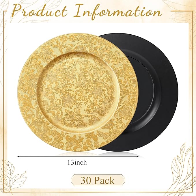 30 Pcs Gold Charger Plates Bulk 13 Inch Embossed Rim Plastic Round Decorative Vintage Plates Charger for Dinner Wedding Party Event Table Setting Decoration (Floral)