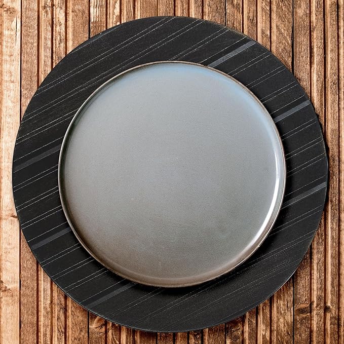 13" Antique Charger Plates, Stripe Pattern Black Charger Plate Set of 6, Round Server Ware Chargers for Dinner Plate, Reusable Bulk Table Setting for Party or Event