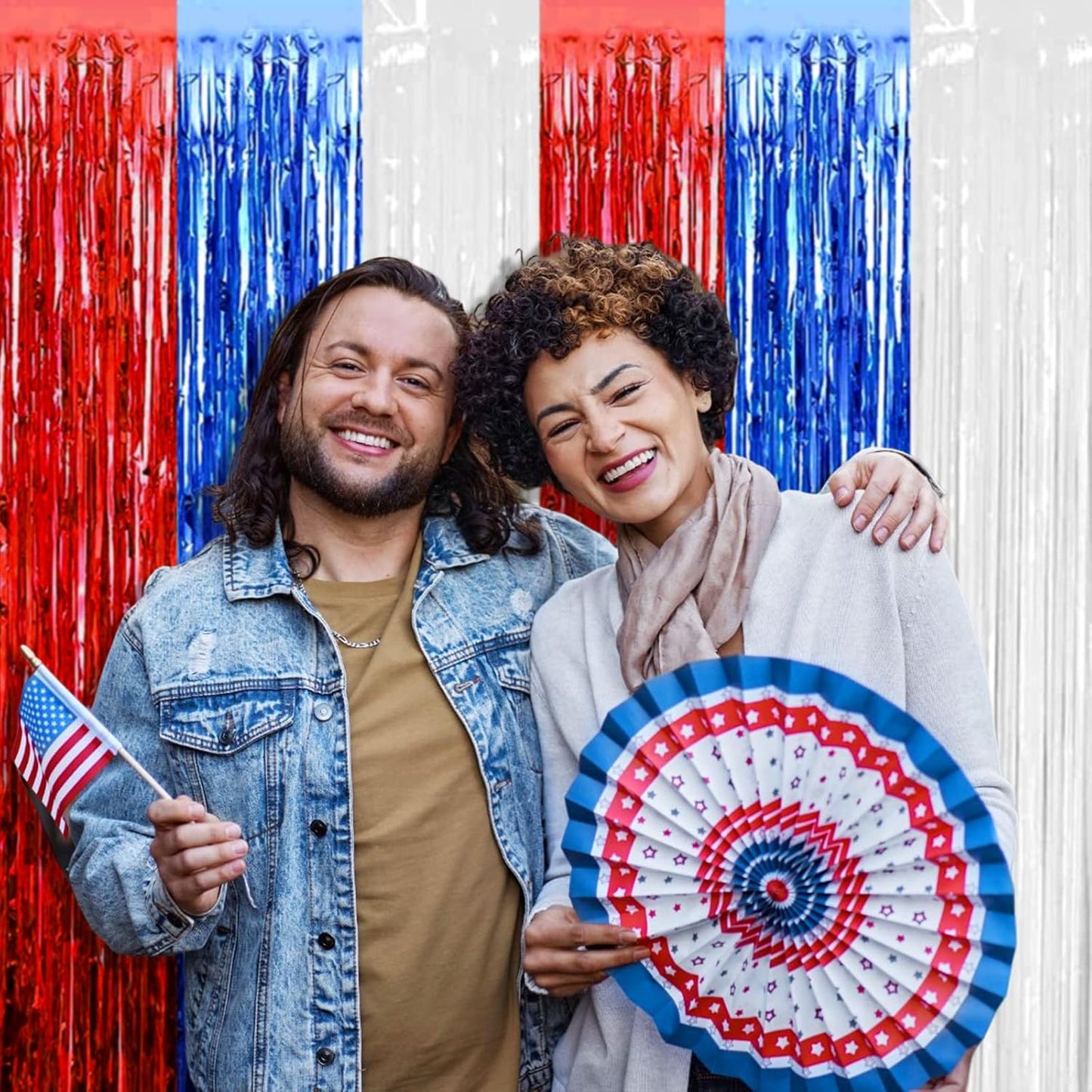 4 Pack Red Blue White Foil Fringe Curtain Backdrop, 3.28Ft x 6.56Ft Metallic Tinsel Foil Fringe Streamers Curtains for Photo Booth, Wedding, Mardi Gras, Birthday, Independence Day Party Decoration