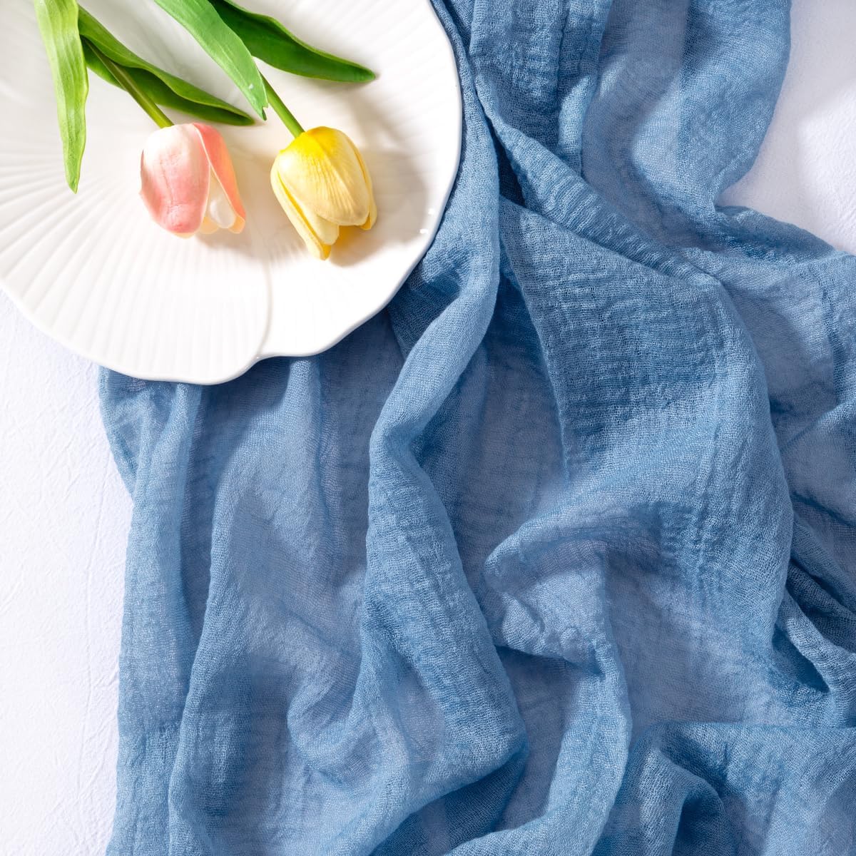 Socomi 3pcs Dusty Blue Fall Thanksgiving Gauze Cheesecloth Table Runner 120 Inch Rustic Boho Cheese Cloth Runner for Wedding Party Baby Bridal Shower Centerpiece Decoration Holiday Home Decorations