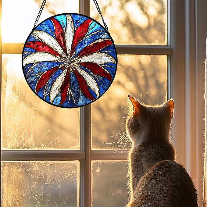 Stained Glass Window Hanging 4 Pcs Set Abstract Flowers in Red White Blue 7.8" - Suncatcher Door Garden Sun Catcher Decor Birthday Mother's Day Xmas Gift for Mom Woman Nana Men Parents