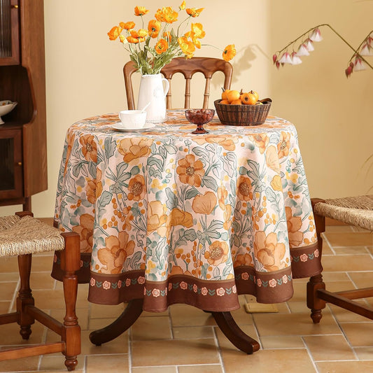 Vintage Linen Round Tablecloth,Italian Orange Floral Soft and Wrinkle Free Tablecloths,Decorative Table Cover for Kitchen,Dining,Tea Party,Home,Christmas,Diameter 67"-Positano