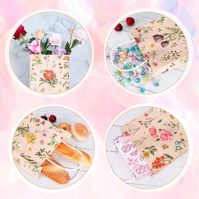 Konsait 16 Pack Floral Gifts Bags, Vintage Style Small Floral Gift Bags with Handle, Kraft Paper Flower Party Favor Bags for Wedding Birthday Bridal Shower Engagement and More