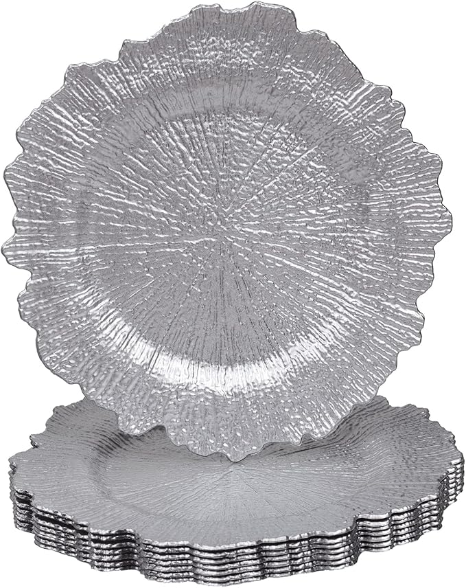 MAONAME 13" Round Silver Charger Plates, Reef Chargers for Dinner Plates, Plastic Plate Chargers for Wedding, Table Decor, Set of 8