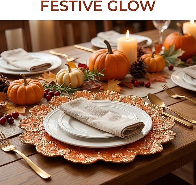 Orange Charger Plates with Flower Rim, 13" Round Charger for Dinner Plates, Set of 6 Plastic Plate Chargers for Halloween, Thanksgivng, Christmas.