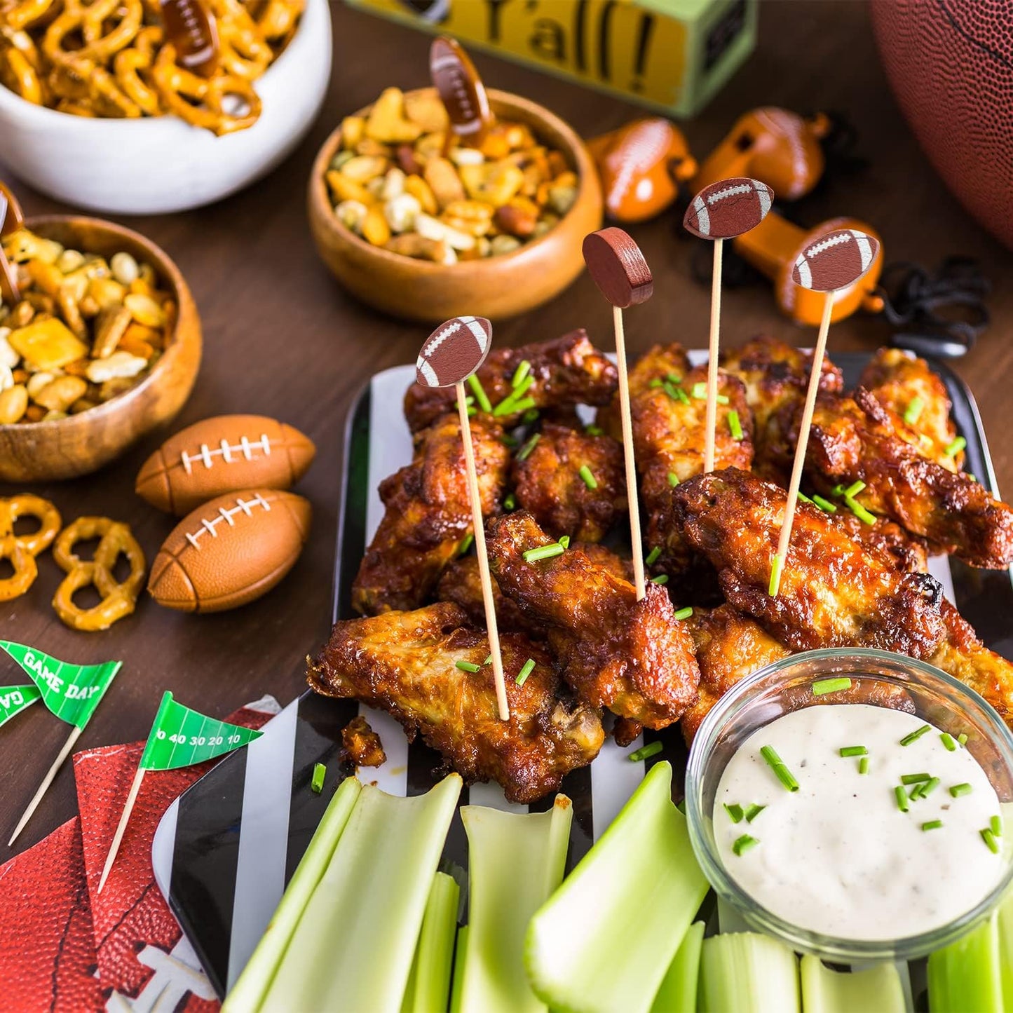 100pcs Football Cocktail Picks Decorative Toothpicks Fruit Sandwich Skewers Dessert Sticks for Rugby Ball Super Bowl League Sports Catered Events Decorations Party Supplies