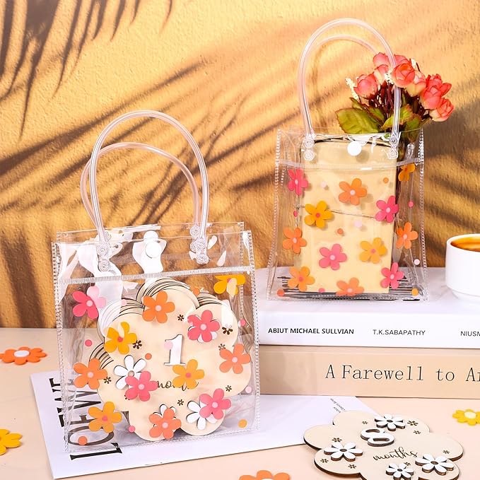 JarThenaAMCS Boho Floral Clear Gift Bags Christmas Groovy Flower PVC Party Favor Bags with Handles Cute Daisy Decorative Treat Bags for Wedding Birthday Shower Party Supplies, 12Pcs