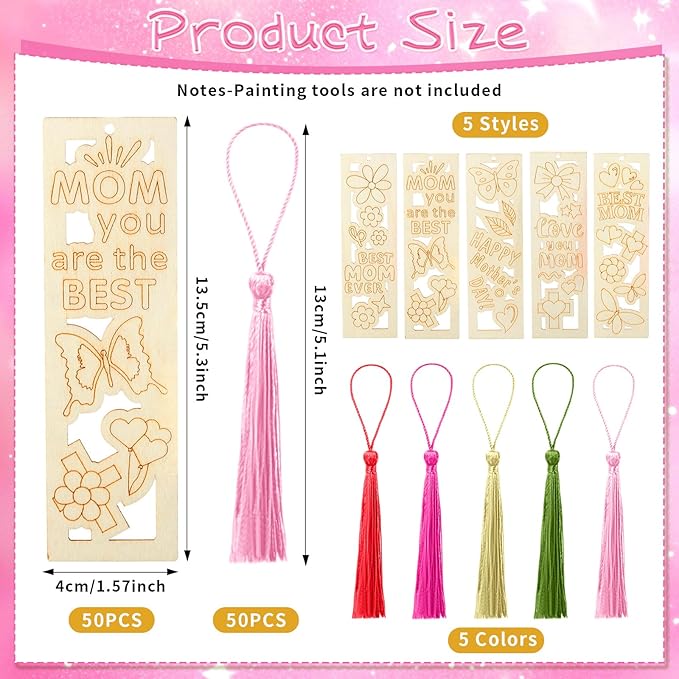 Yexiya 100 Pcs Mother's Day Wooden Bookmark Craft Kit, 50 DIY Paintable Bookmarks with 50 Tassels, Bulk Classroom Gift Set for Mom Grandma from Students