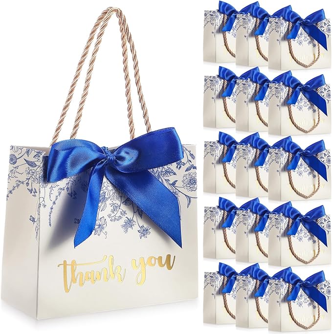 Moinchore 40 Pack Wildflower Thank You Gift Bags with Handles Small Thank You Party Favor Bags with Bow Wedding Welcome Tote for wedding Holiday Bridal Shower Party(Vintage Blue Flowers)