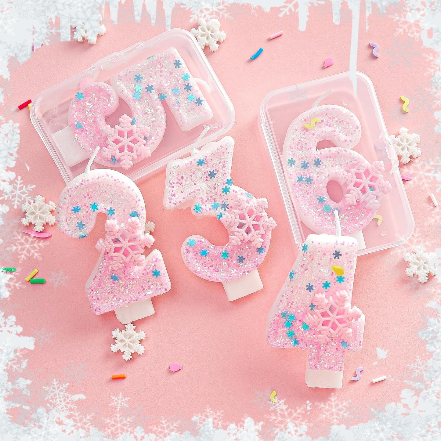 Pink Frozen Snow Themed Birthday Candles,Pink Snowflake Number 4th Birthday Candle for Party Supplies,Winter Frozen Birthday Party Number 6 Cake Topper Decorations