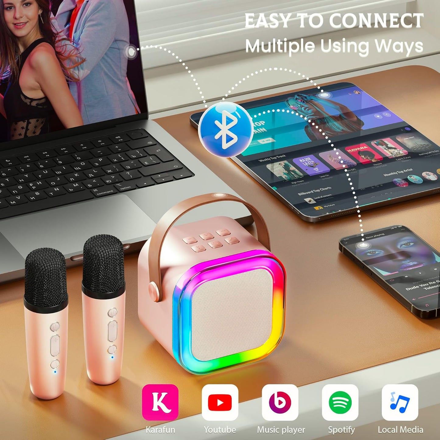 Mini Karaoke Machine for Kids, 2025 TOP Toys Christmas Birthday Gifts Ideas for Girls Ages 4, 5, 6, 7, 8, 9, 10, 12+ Years Old, Portable MP3 Player with 2 Wireless Mics for Party